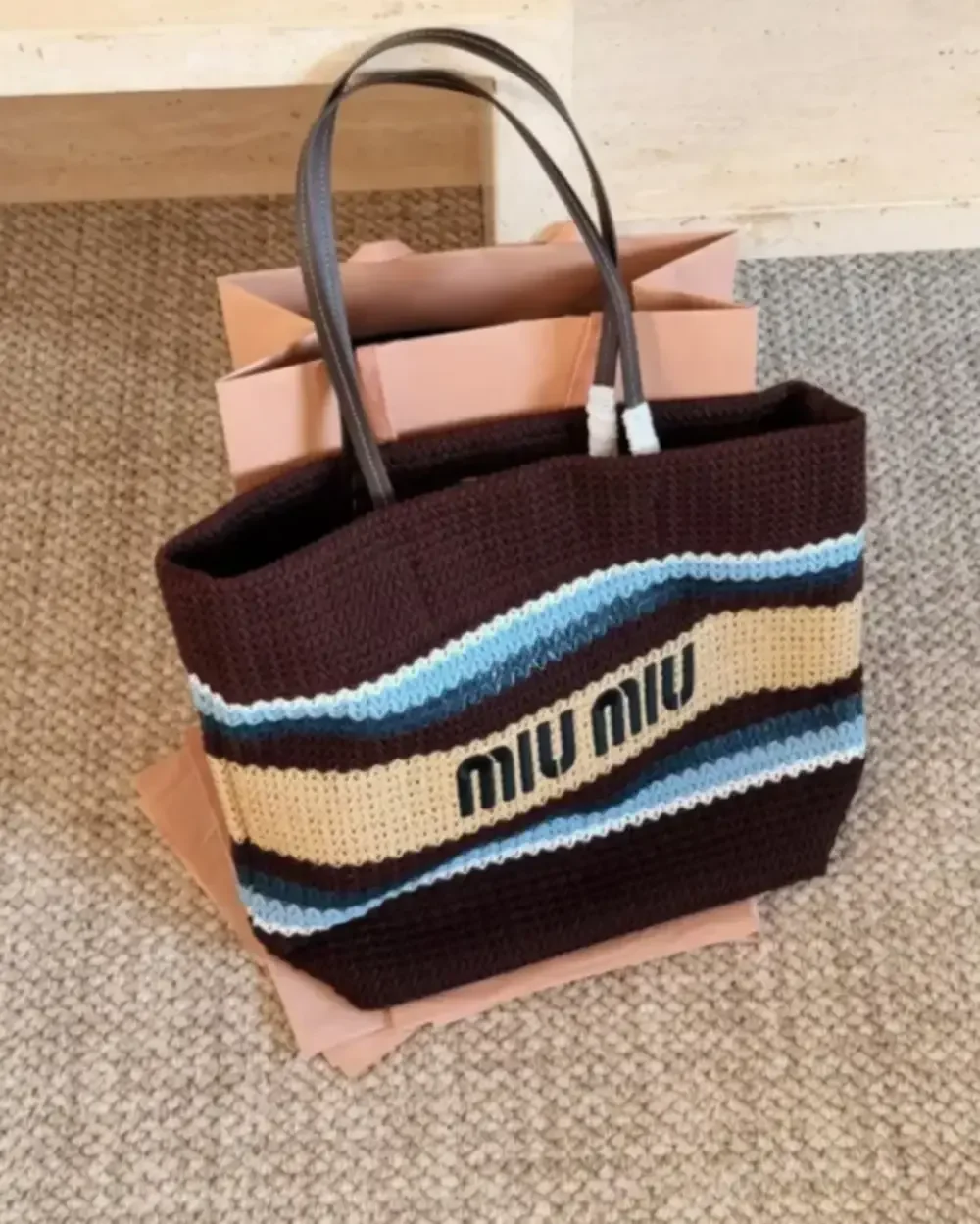 Miu Miu Brown Crochet Stripe Tote Bag